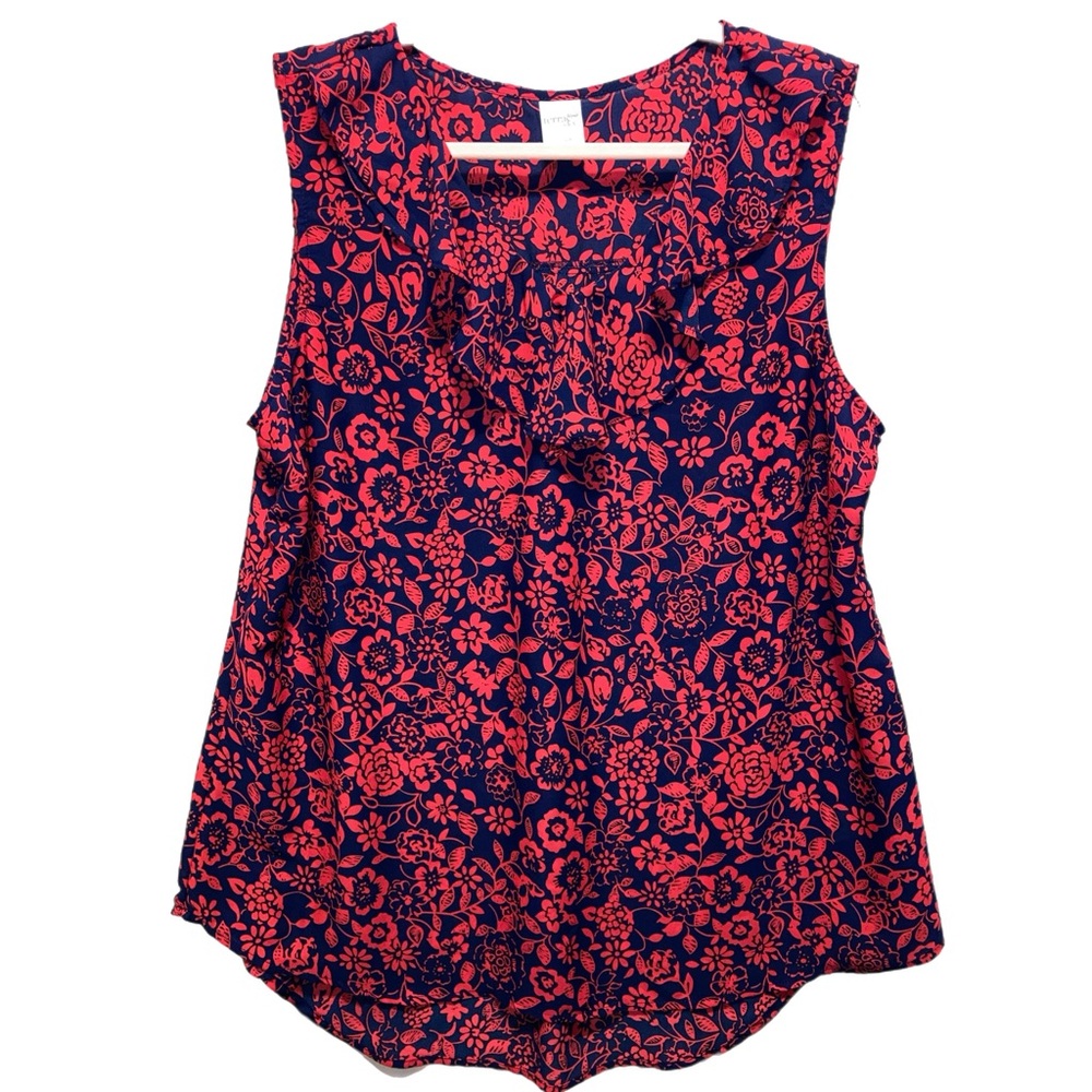 EUC Terra & Sky 14W (0X) in Red Rover floral sleeveless ruffle v-neck 11113